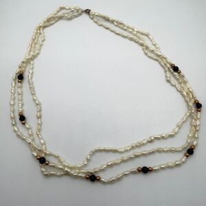 14k yellow gold, three strands of rice pearls, onyx and gold beads, necklace!